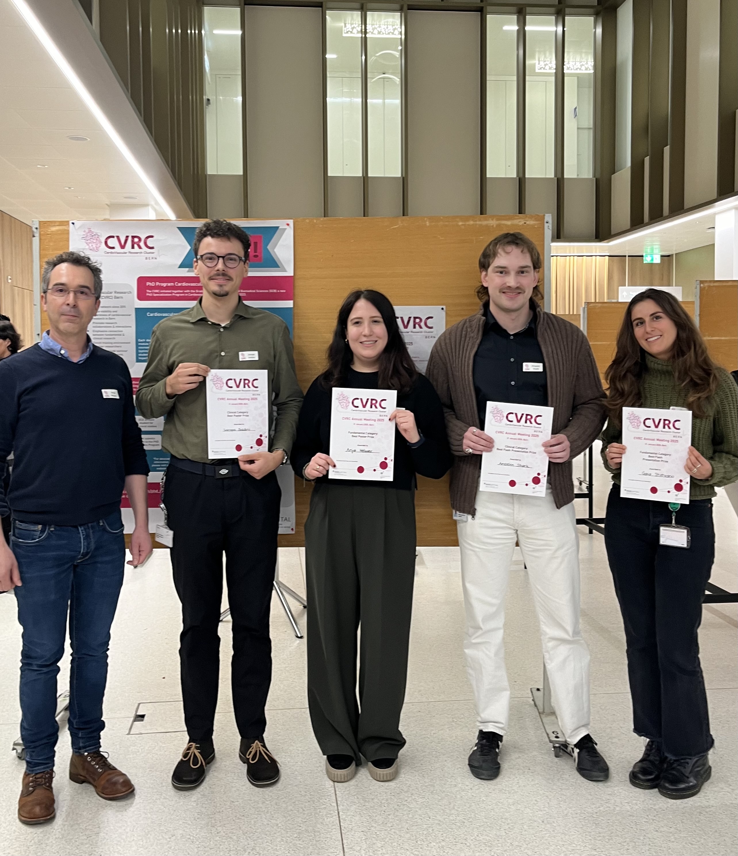 Left to right: Prof. Ange Maguy, Jury Chair (Department of Phisiology), Jacopo Soldini (Department of Anaesthesiology and Pain Medicine), Anja Helmer (Department of Cardiac Surgery and Department for Biomedical Research), Anselm Stark (Department of Cardiology), Gaia Stievano (ARTORG Center, Cardiovascular Engineering Group)